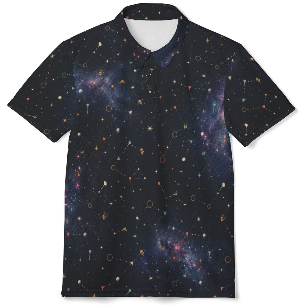 A short-sleeve polo shirt with an all-over space print featuring a dark navy background, colorful star constellations, and nebulae, displayed on a clean white background.