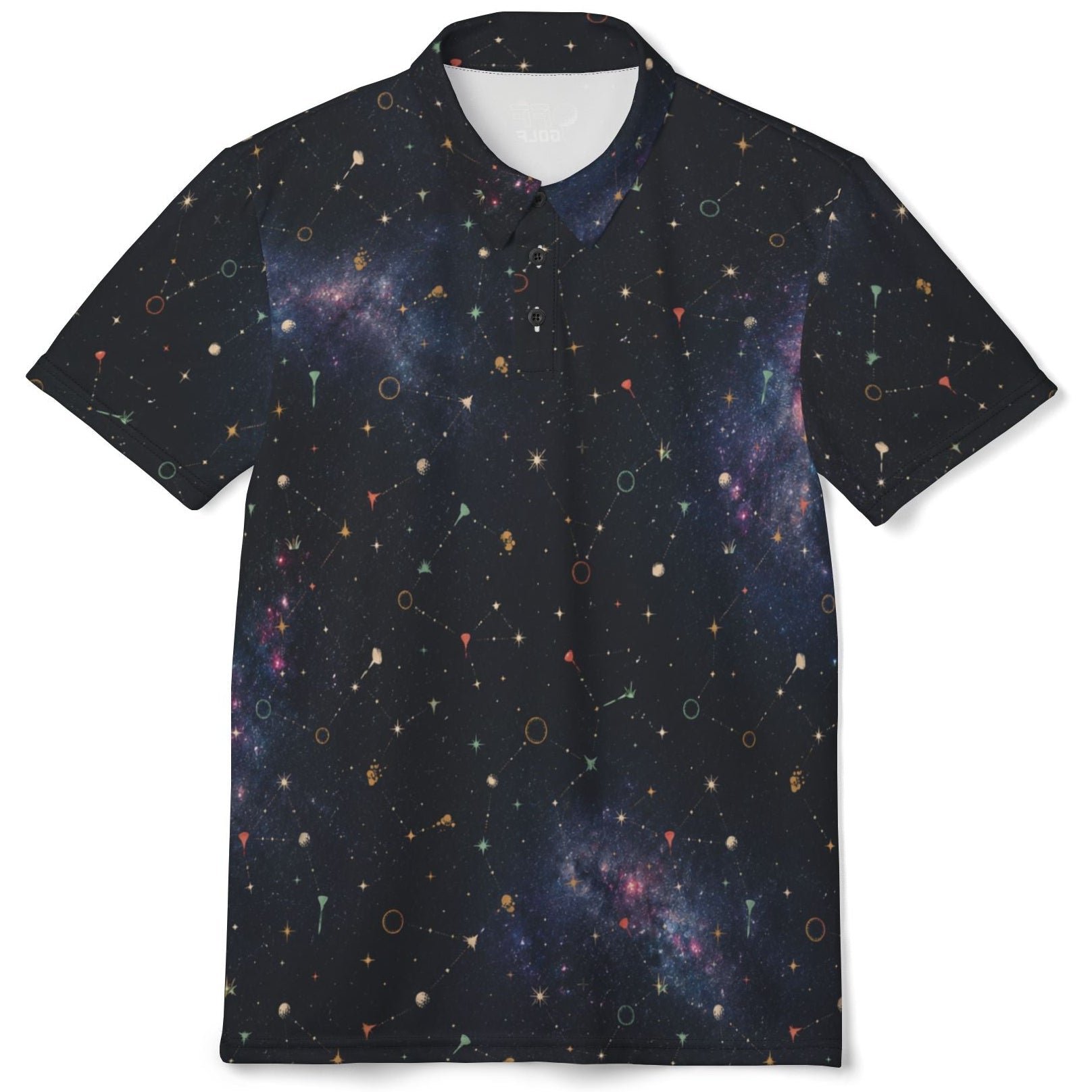 A short-sleeve polo shirt with an all-over space print featuring a dark navy background, colorful star constellations, and nebulae, displayed on a clean white background.