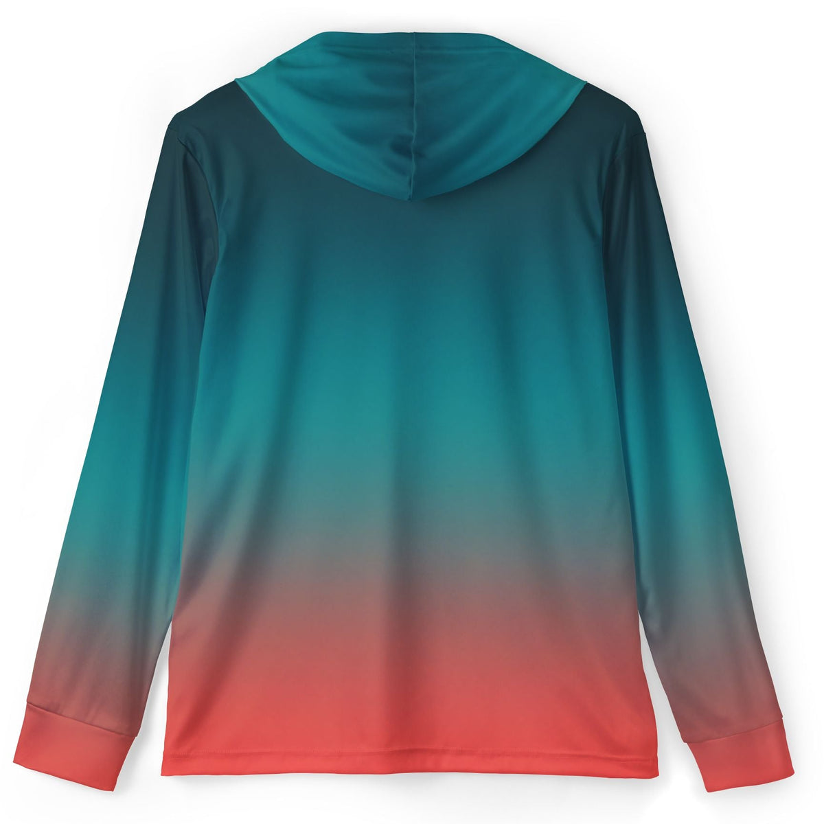 A long-sleeve hooded athletic top shown from the back, featuring a smooth vertical gradient that transitions from teal and dark blue at the top to coral red at the bottom, displayed on a clean white background.