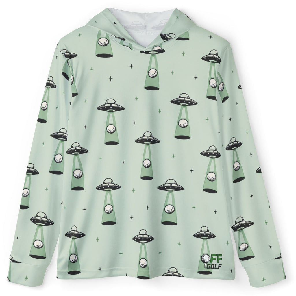 A long-sleeve hooded shirt in a pale mint green color, featuring an all-over print of retro flying saucers and small star-like dots. The brand logo 'CF GOLF' is visible on the bottom right.
