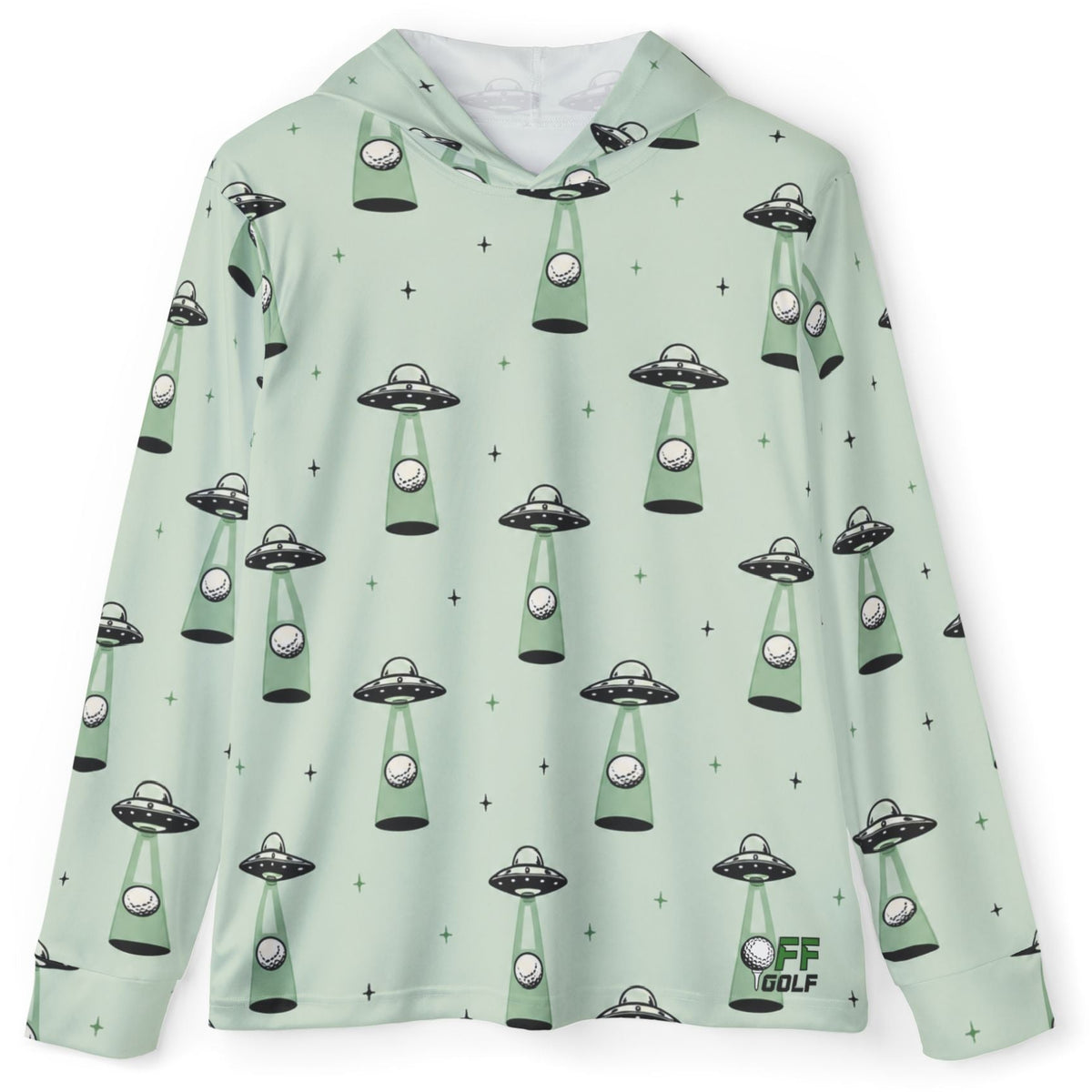 A long-sleeve hooded shirt in a pale mint green color, featuring an all-over print of retro flying saucers and small star-like dots. The brand logo 'CF GOLF' is visible on the bottom right.