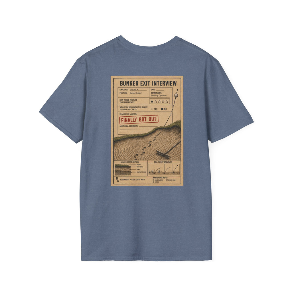 Bunker Exit Interview T-Shirt — Minimal Badge Graphic Tee (16 Colors)