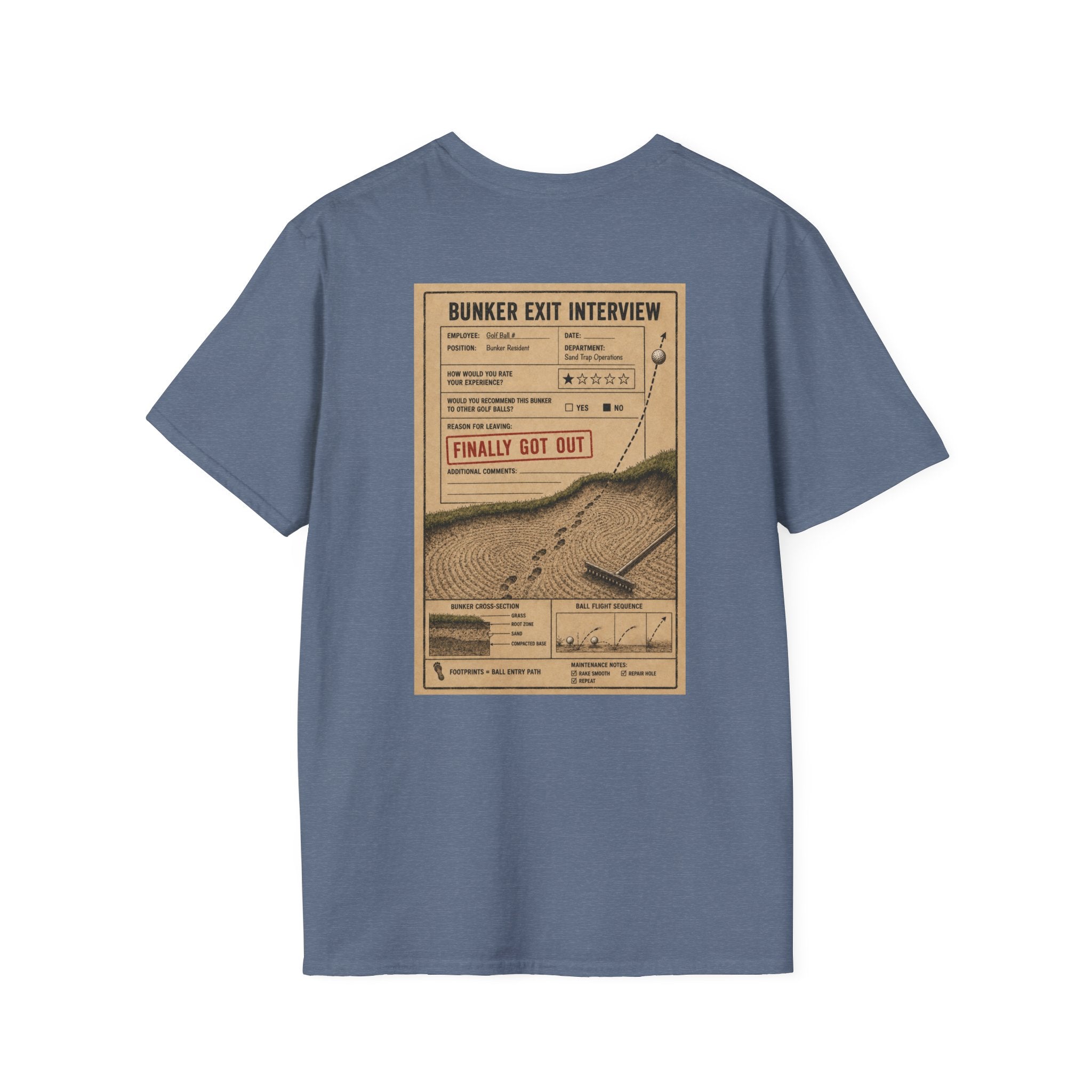 Bunker Exit Interview T-Shirt — Minimal Badge Graphic Tee (16 Colors)
