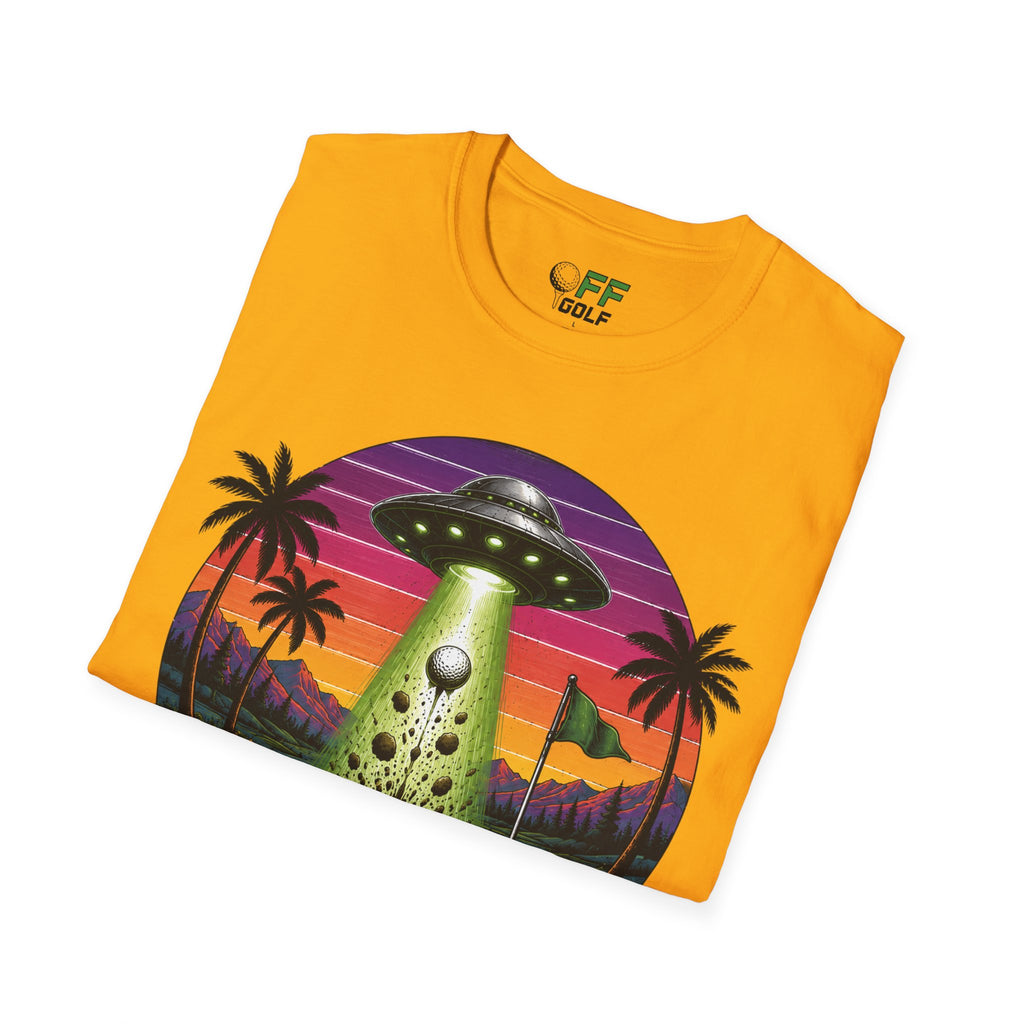 Alien Golf Retro Sunset T-Shirt — "Good Vibes & Bogeys" (16 colors)