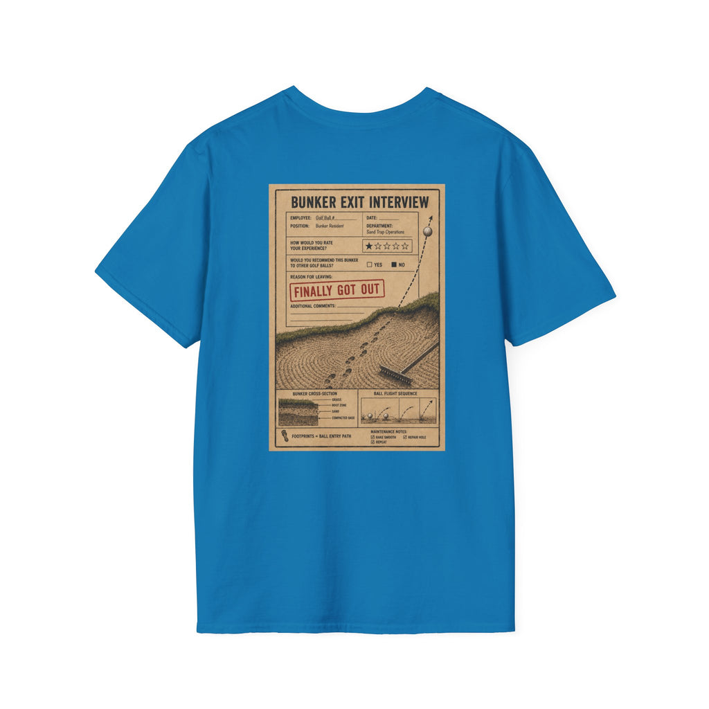 Bunker Exit Interview T-Shirt — Minimal Badge Graphic Tee (16 Colors)
