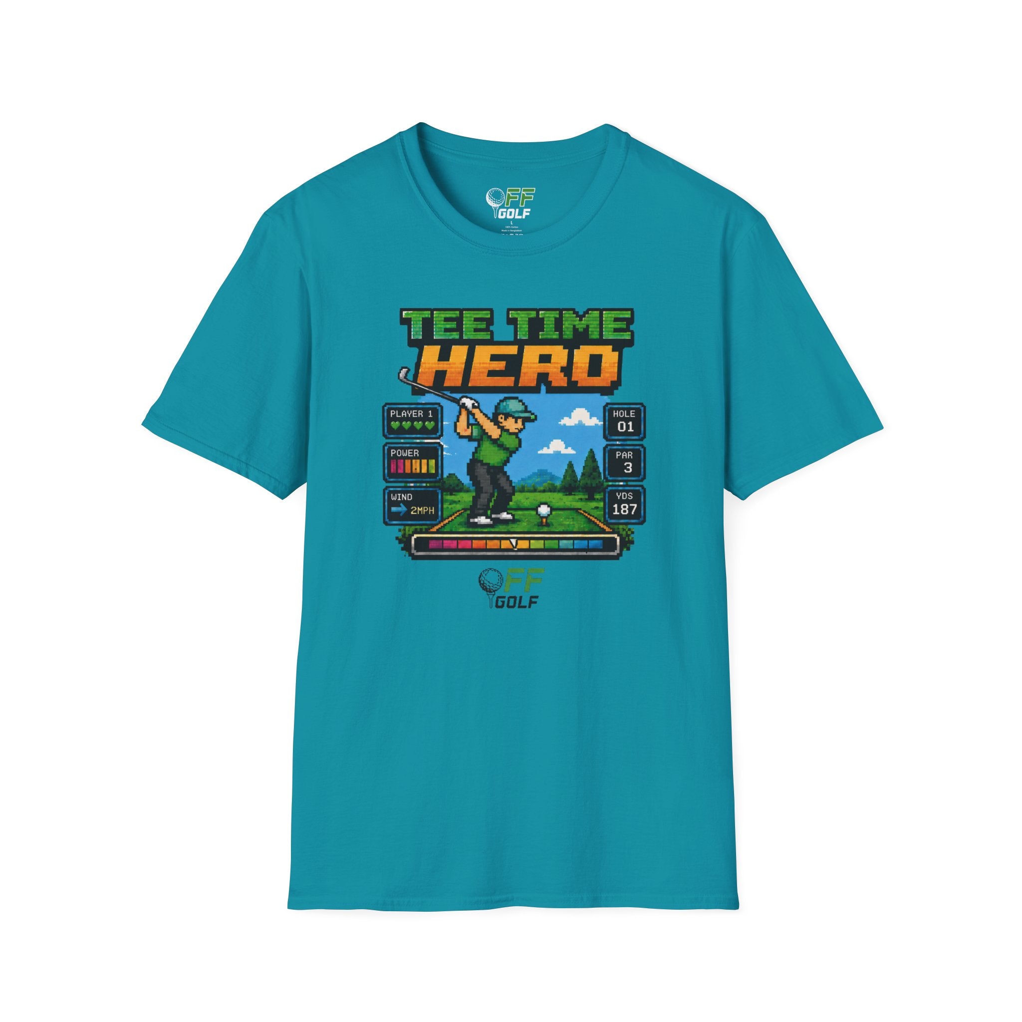 Golf T-Shirt — "Tee Time Hero" Pixel Golfing Tee (16 colors)