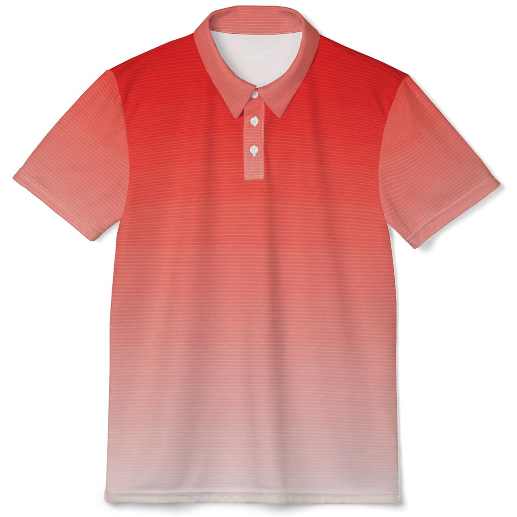 A short-sleeve polo shirt with a vertical red-to-white gradient, featuring a classic collar and three-button placket, shown against a plain white background.