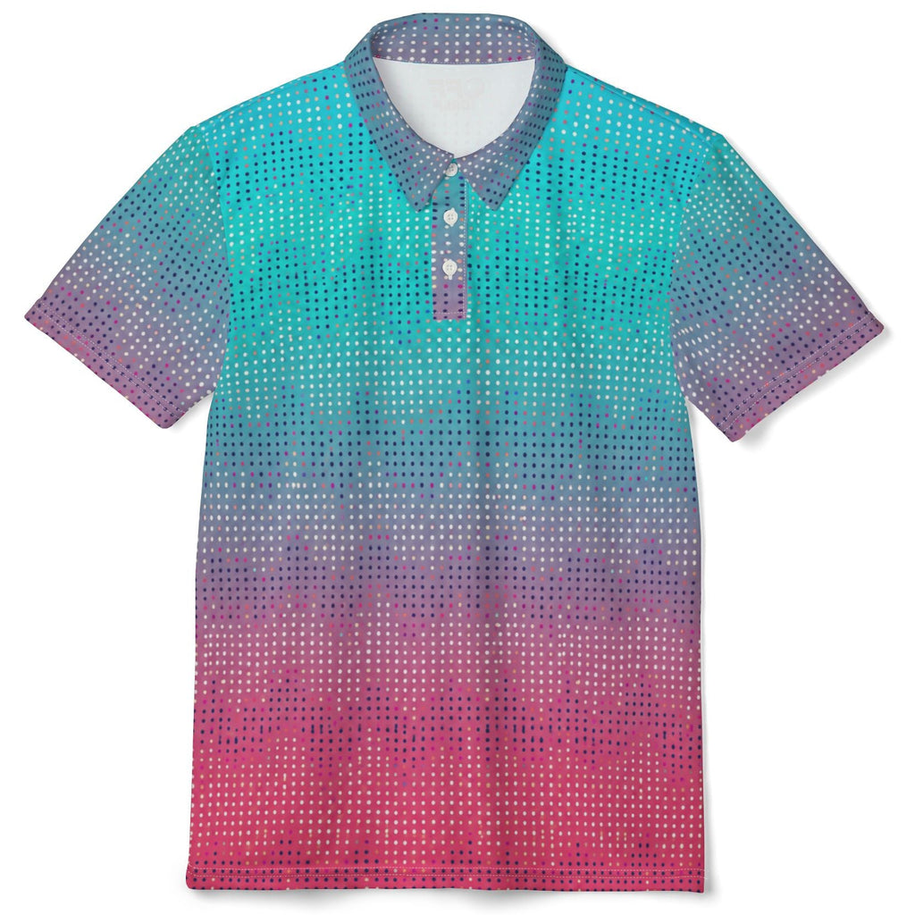 A short-sleeve polo shirt with a vibrant gradient pattern transitioning from teal and turquoise at the top, through purple, to bright pink at the bottom. The shirt features a subtle dotted texture and a three-button placket, shown against a plain white background.