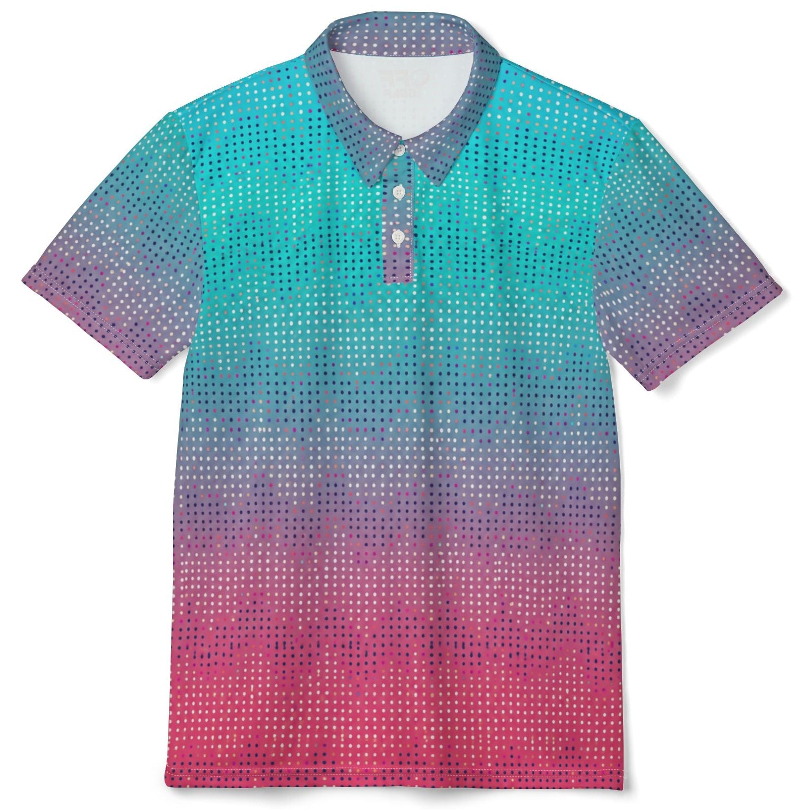 A short-sleeve polo shirt with a vibrant gradient pattern transitioning from teal and turquoise at the top, through purple, to bright pink at the bottom. The shirt features a subtle dotted texture and a three-button placket, shown against a plain white background.
