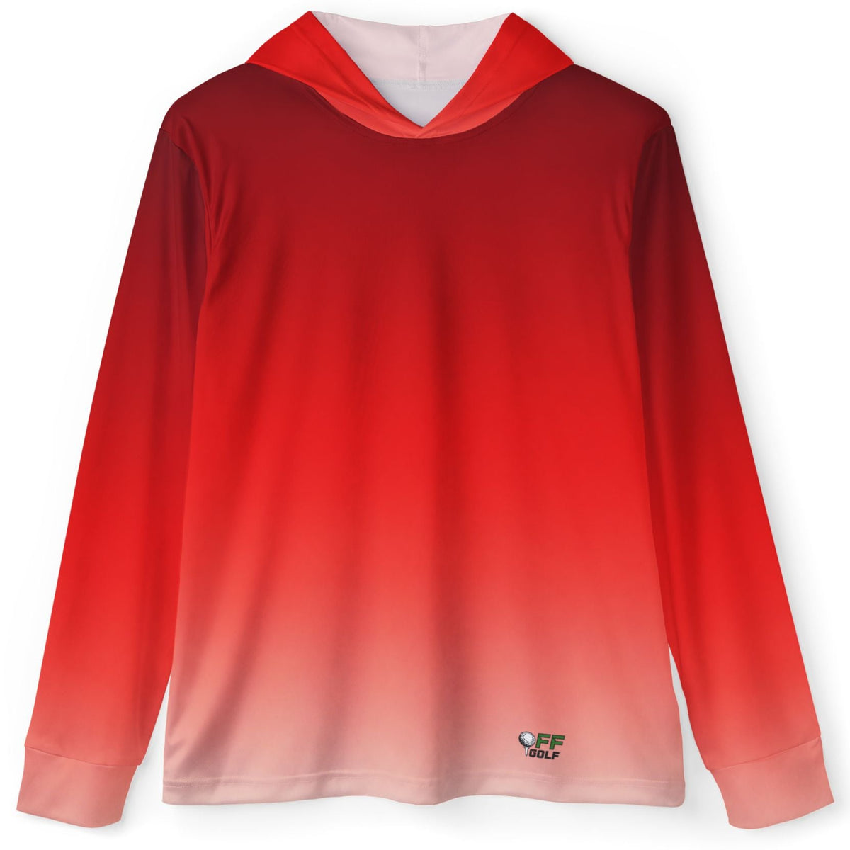 A long-sleeve hooded shirt with a red-to-pale-pink gradient, shown flat against a white background.