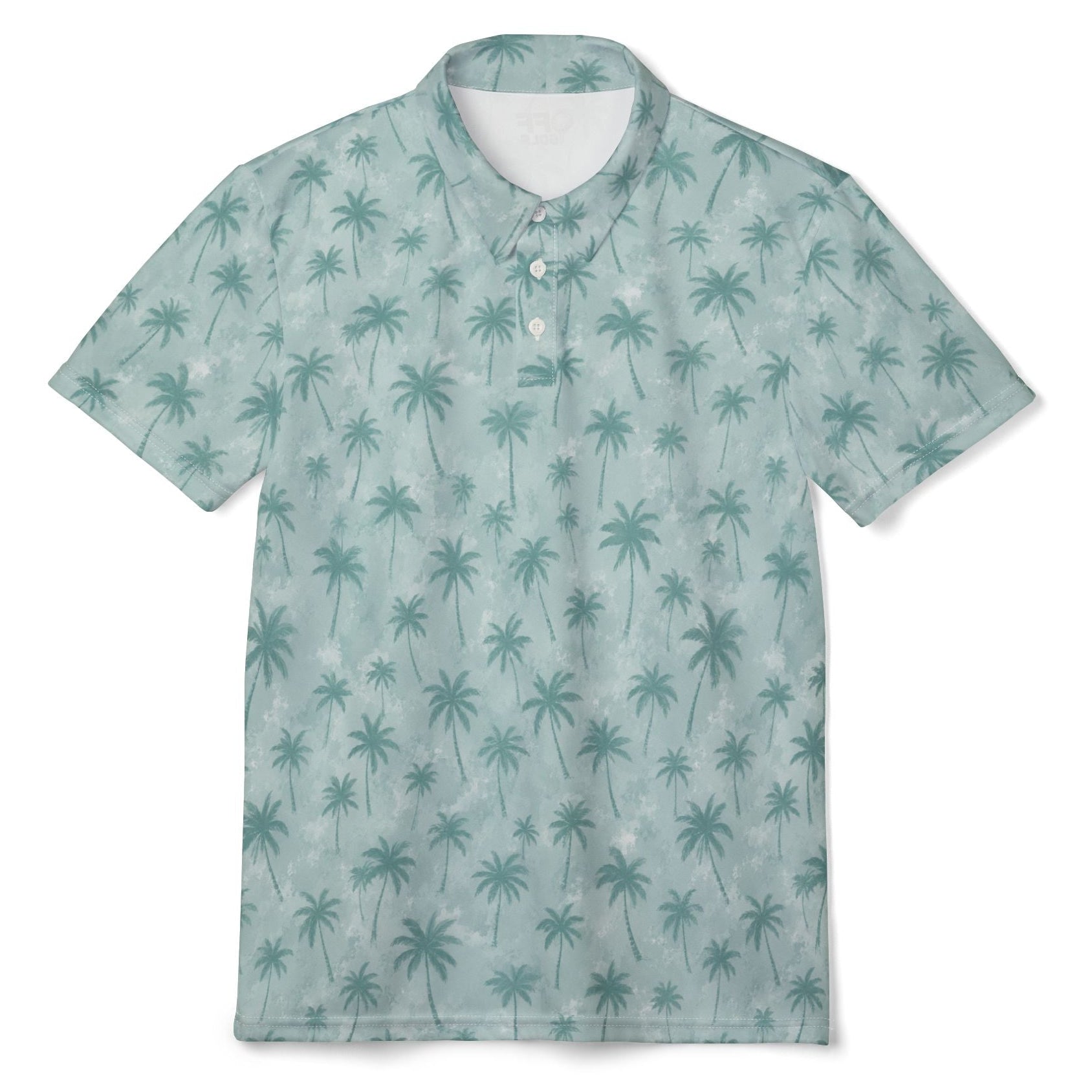 A short-sleeve polo shirt with an all-over tropical palm tree print in shades of teal and mint green on a light aqua background, displayed flat against a white background.