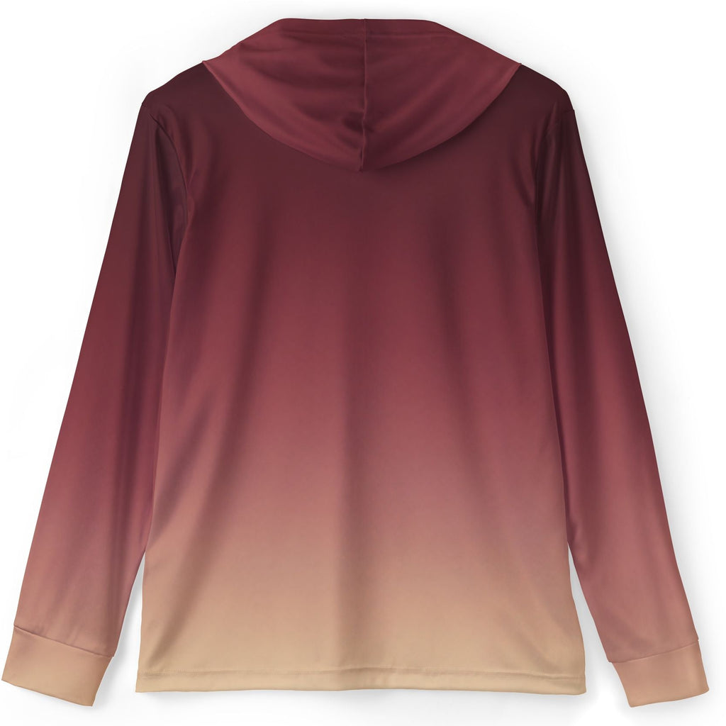 A long-sleeve hooded top shown from the back, featuring a smooth gradient color transition from deep burgundy at the top to a light beige at the bottom, displayed on a clean white background.