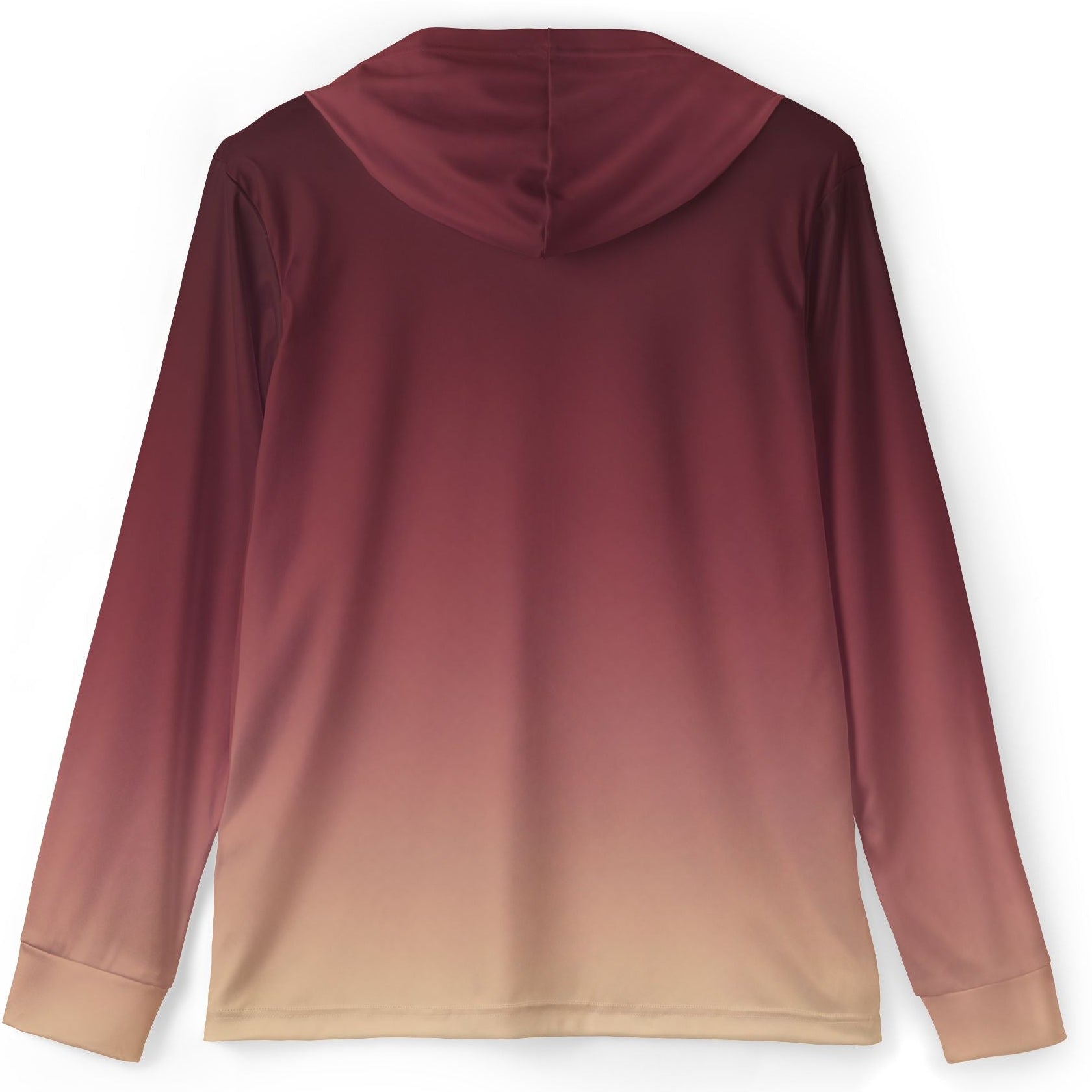 A long-sleeve hooded top shown from the back, featuring a smooth gradient color transition from deep burgundy at the top to a light beige at the bottom, displayed on a clean white background.