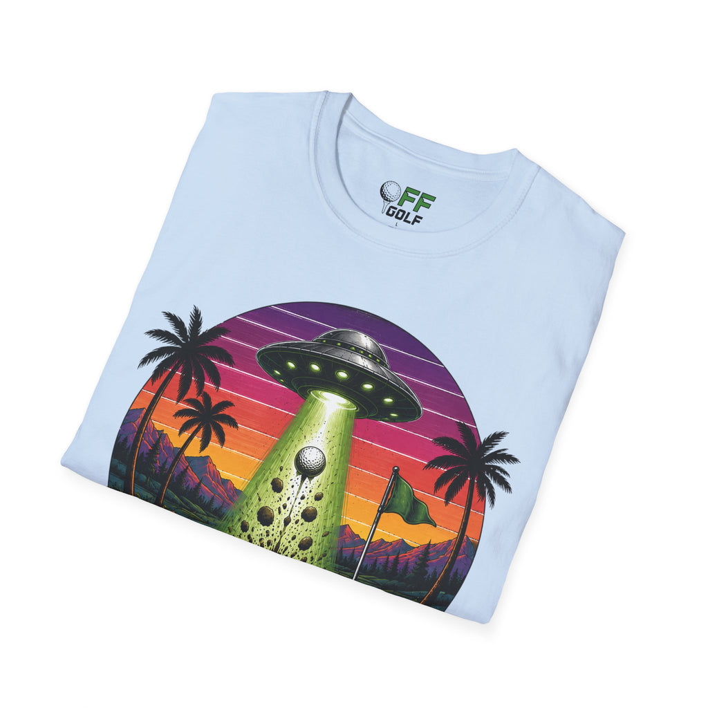 Alien Golf Retro Sunset T-Shirt — "Good Vibes & Bogeys" (16 colors)