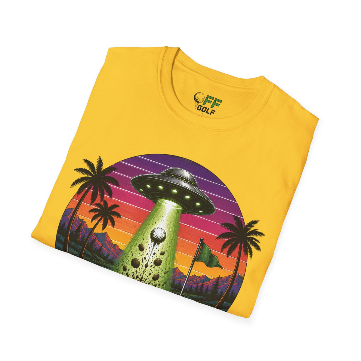 Alien Golf Retro Sunset T-Shirt — "Good Vibes & Bogeys" (16 colors)