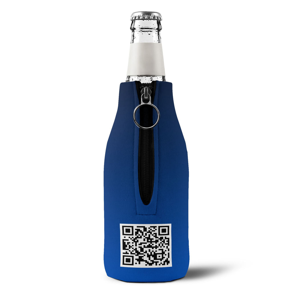 Golf Zip-Up Bottle Cooler Sleeve — Blue Neoprene Can Cooler with Zipper & Keyring (OFF Golf Logo)