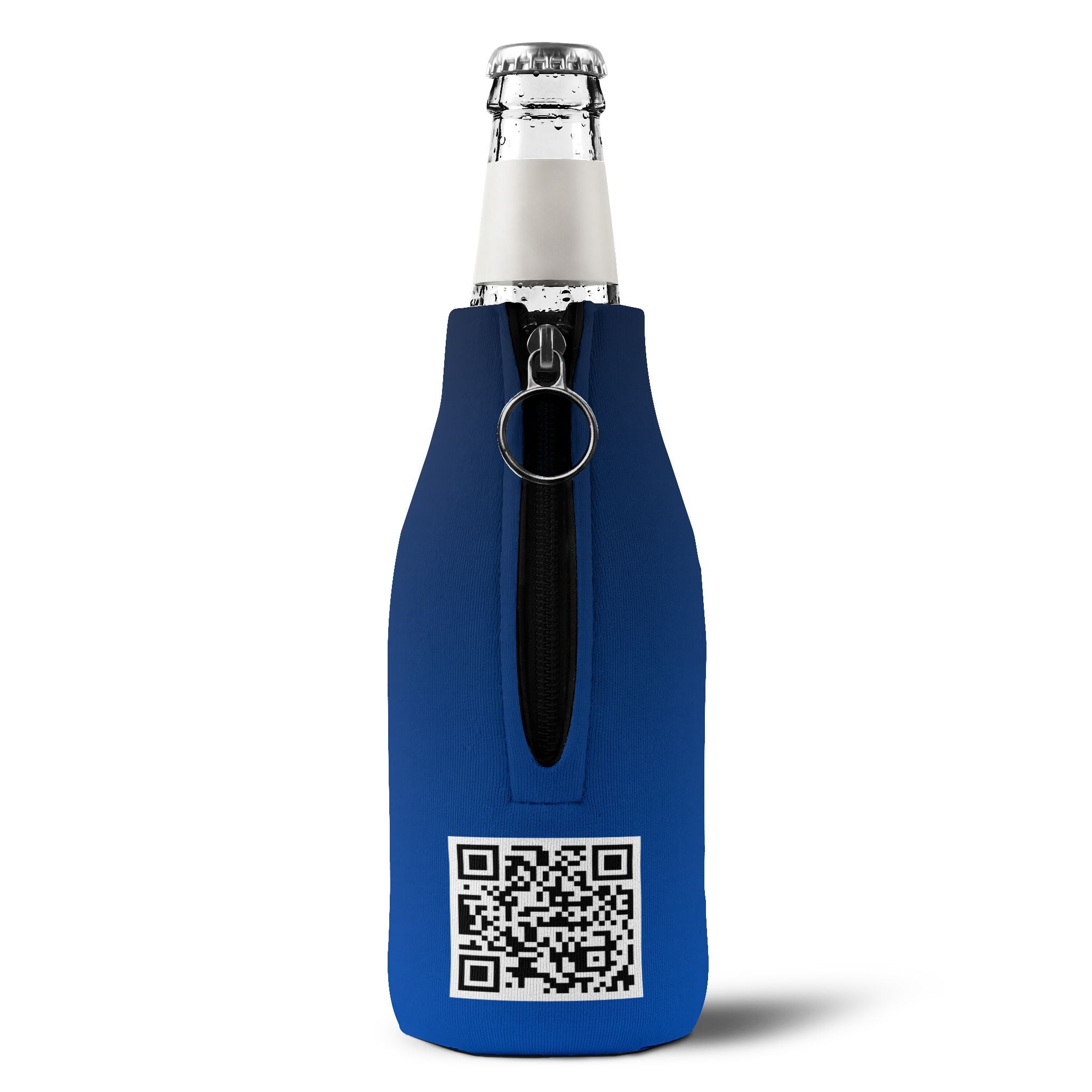 Golf Zip-Up Bottle Cooler Sleeve — Blue Neoprene Can Cooler with Zipper & Keyring (OFF Golf Logo)