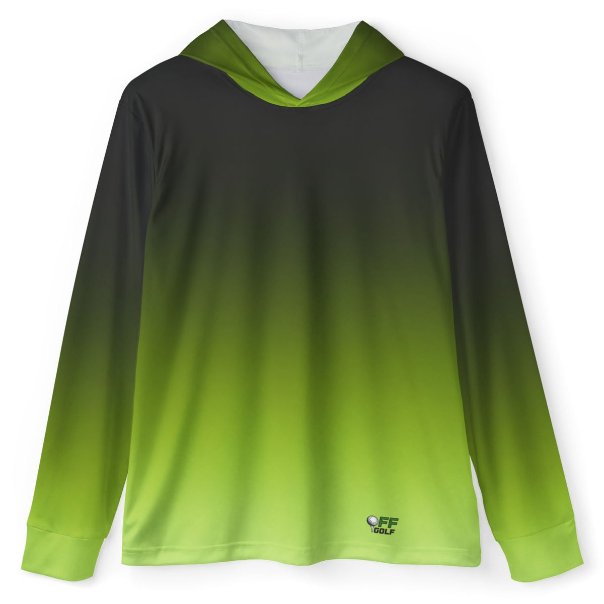 A long-sleeve hooded shirt with a dark gray to bright lime green gradient, shown flat against a white background.