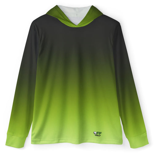 A long-sleeve hooded shirt with a dark gray to bright lime green gradient, shown flat against a white background.