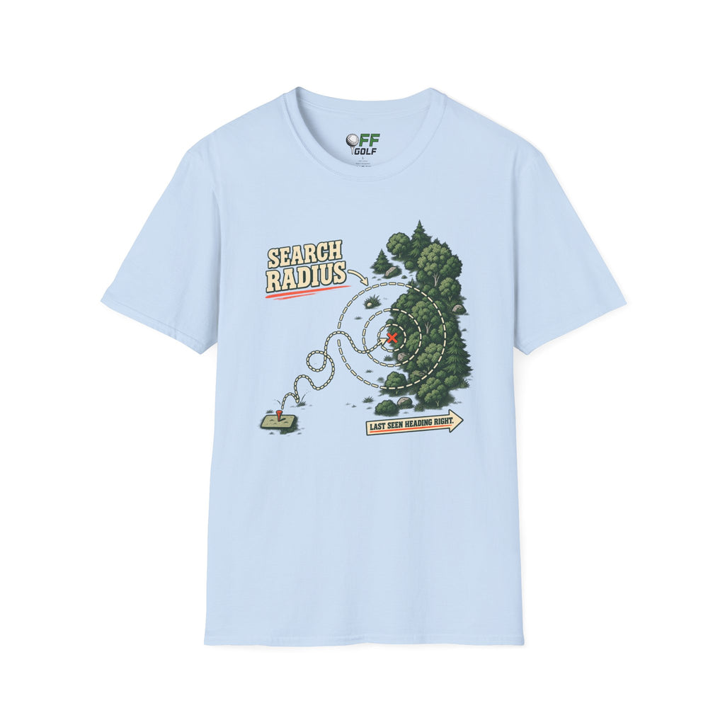 Golf Search Radius T-Shirt — Funny Golf Course Map Design (16 Colors)