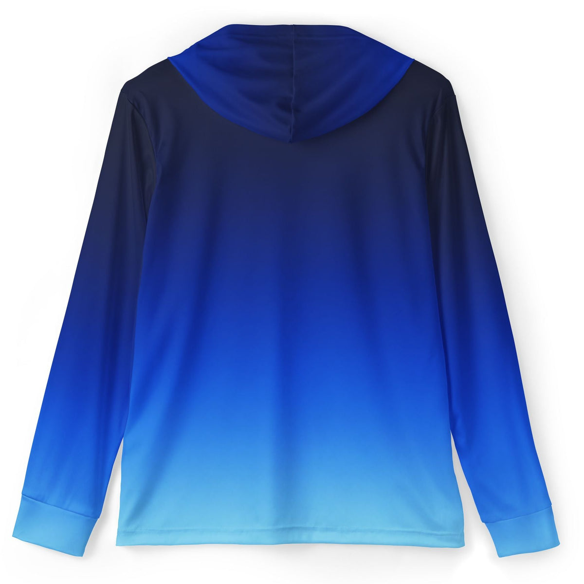 A long-sleeve hooded top shown from the back, featuring a smooth blue gradient that fades from a very dark navy at the top to a bright medium blue in the middle and a light icy blue at the hem and cuffs.