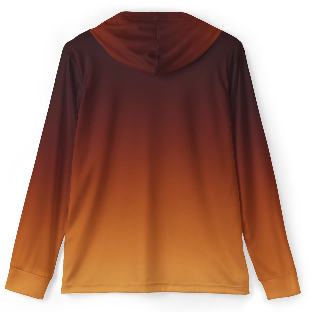 A long-sleeve hooded top shown from the back, featuring a smooth vertical gradient that transitions from deep burgundy at the top to warm orange and finally to golden yellow at the bottom, displayed on a clean white background.