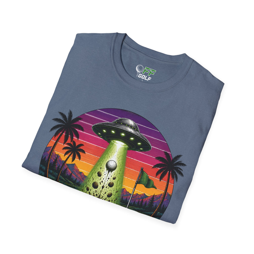 Alien Golf Retro Sunset T-Shirt — "Good Vibes & Bogeys" (16 colors)