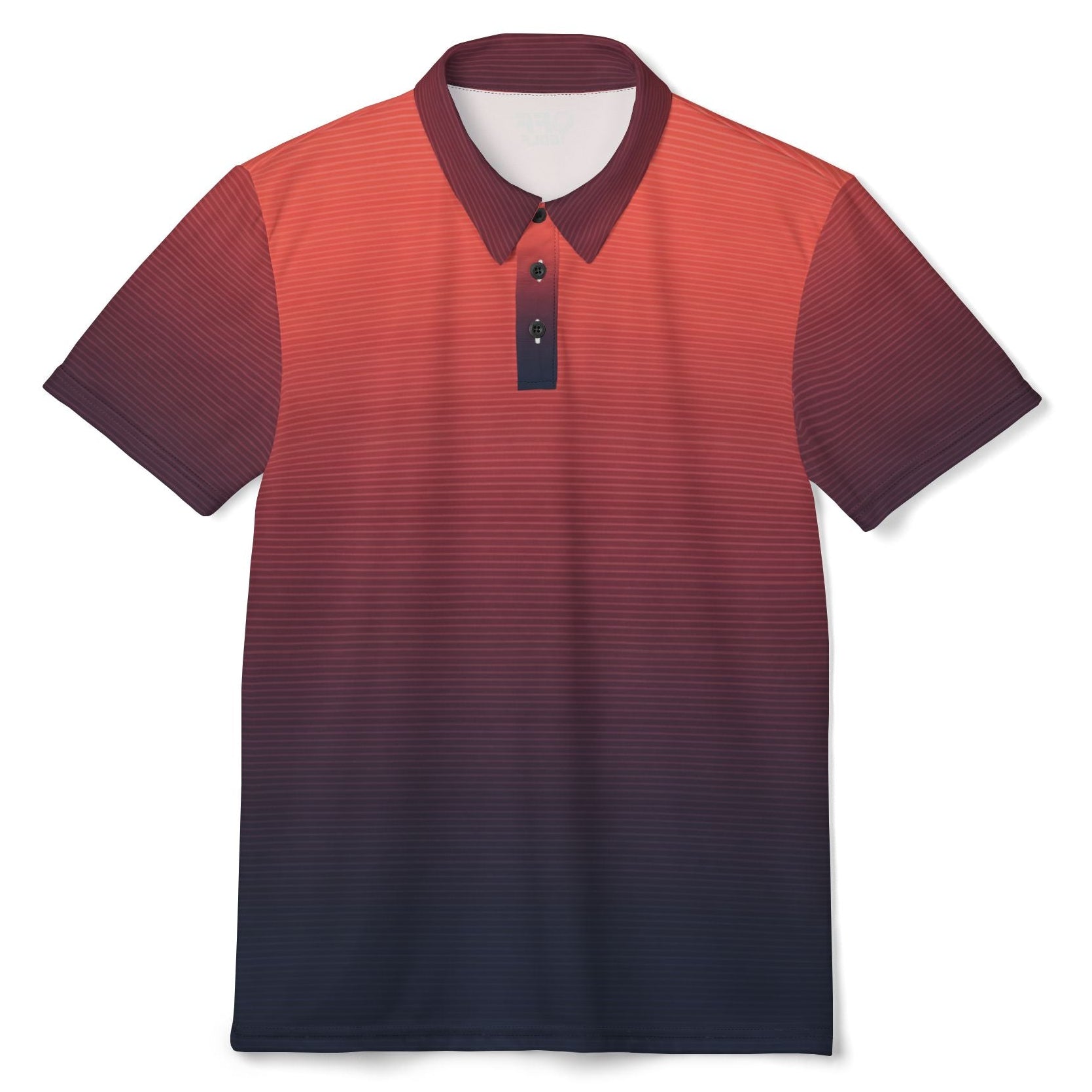 A short-sleeve polo shirt with a horizontal striped texture, featuring a red-to-purple-to-dark-navy gradient design, displayed on a clean white background.