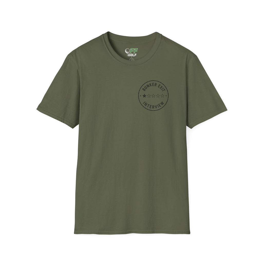 Bunker Exit Interview T-Shirt — Minimal Badge Graphic Tee (16 Colors)