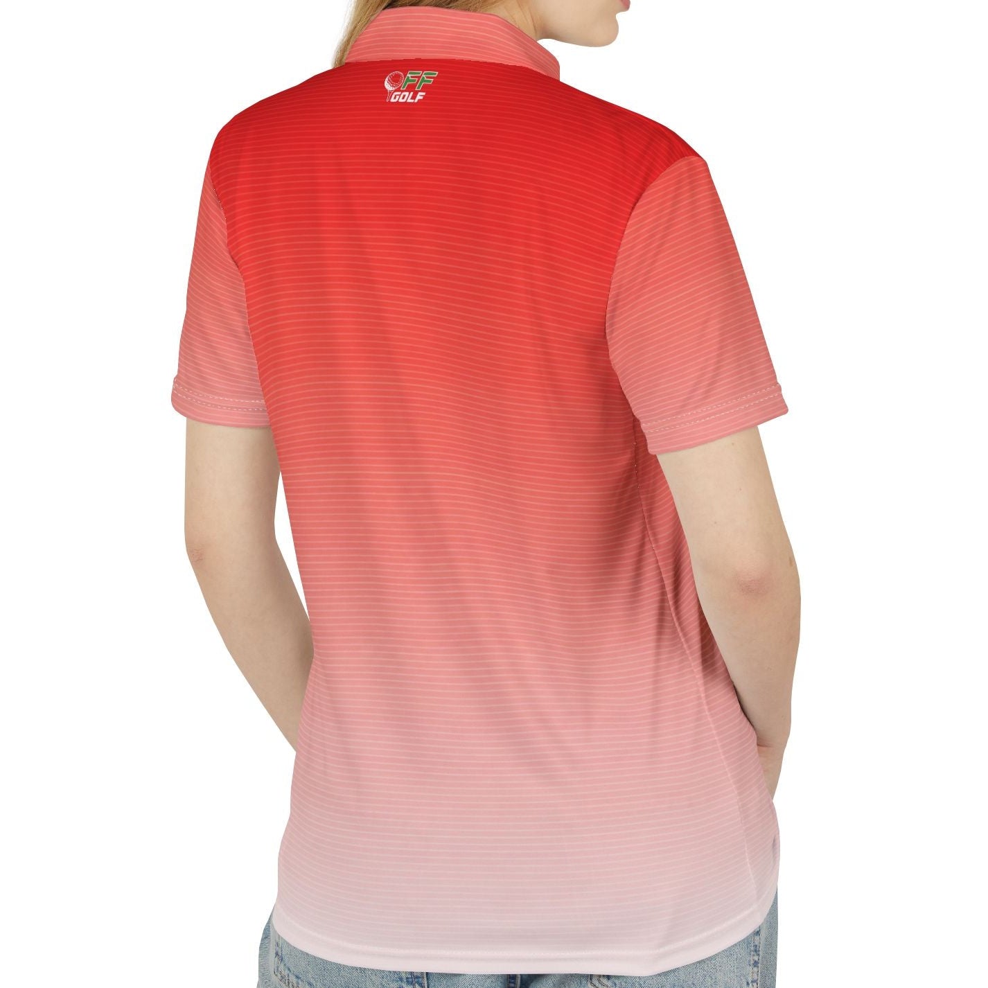 A woman shown from the back wearing a short-sleeve polo shirt with a red-to-white gradient ombre design, paired with light blue jeans against a plain white background.