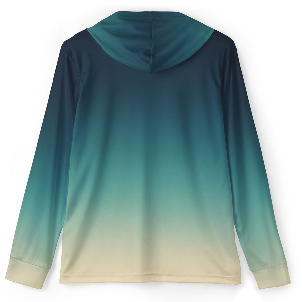 A long-sleeve hooded athletic top shown from the back, featuring a smooth gradient design that transitions from dark navy at the top to teal and light beige at the bottom.
