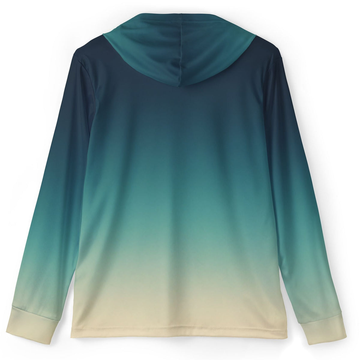 A long-sleeve hooded athletic top shown from the back, featuring a smooth gradient design that transitions from dark navy at the top to teal and light beige at the bottom.