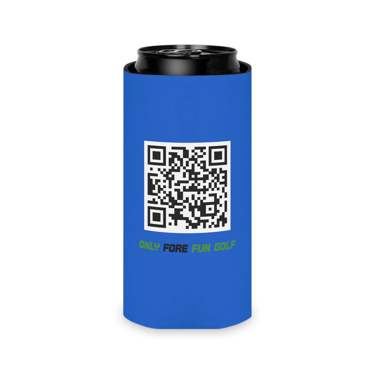 Off Golf Can Cooler — "Only Fore Fun Golf" QR Code Beverage Cooler - Blue
