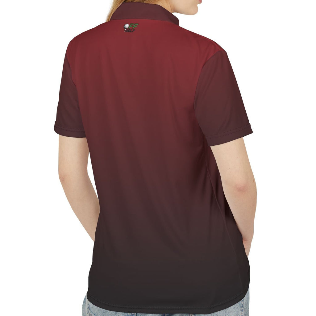 A woman shown from the back wearing a short-sleeve polo shirt with a dark red to black gradient design, paired with light blue jeans, against a plain white background.