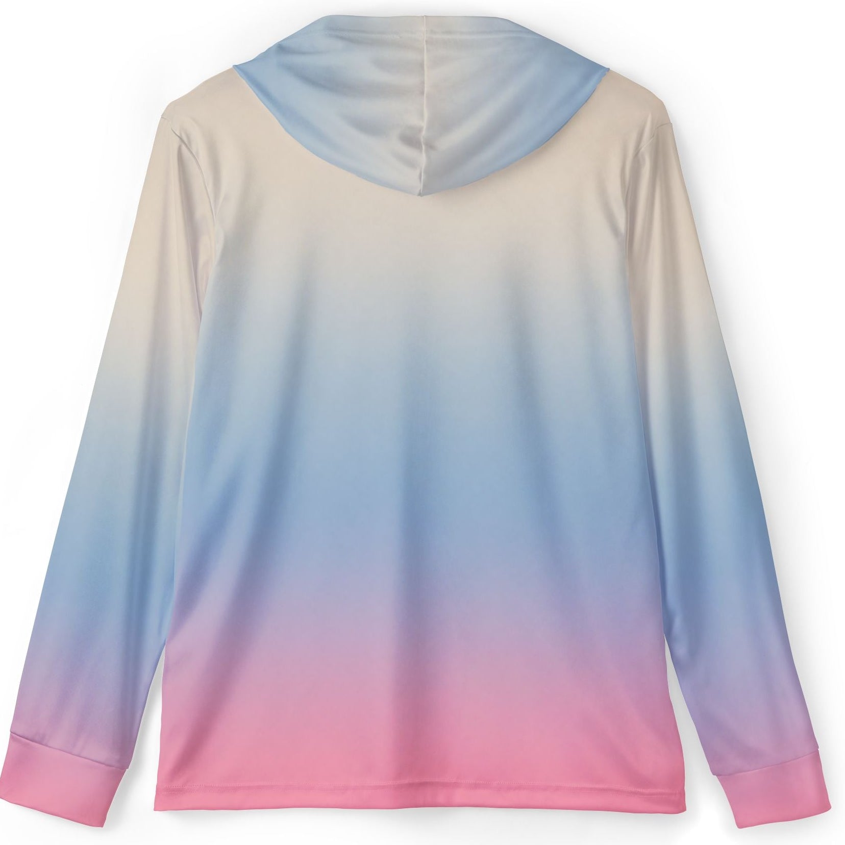 A long-sleeve hooded top shown from the back, featuring a smooth pastel gradient that transitions from cream at the top, through light blue, to pink at the bottom, displayed on a clean white background.