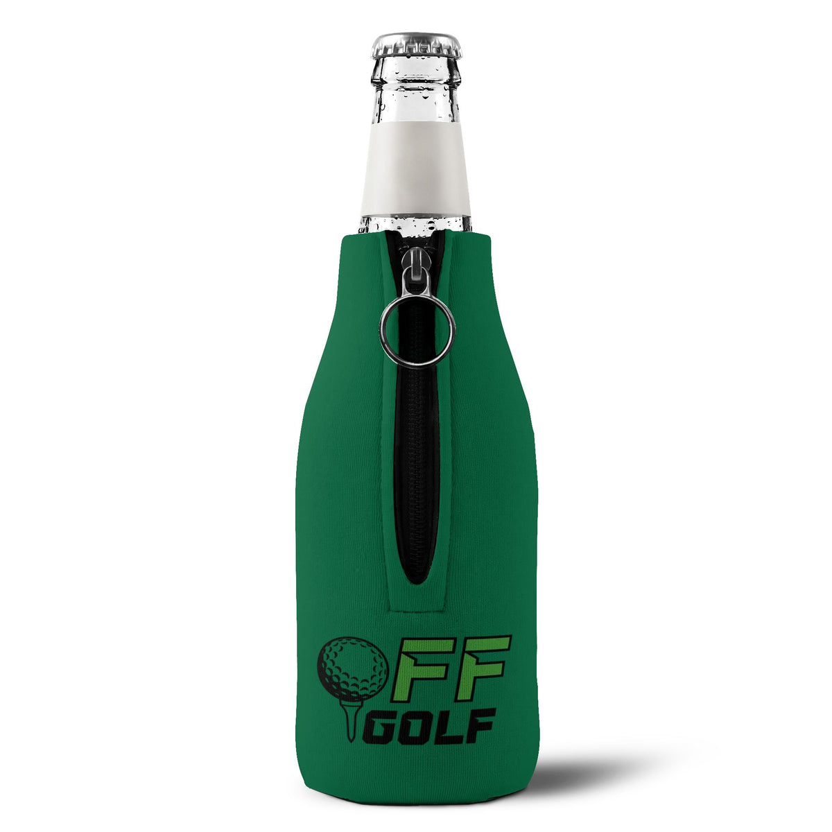 Zip-Up Bottle Cooler Sleeve — "Take the Fun Seriously" Golf Beverage Cooler - Green