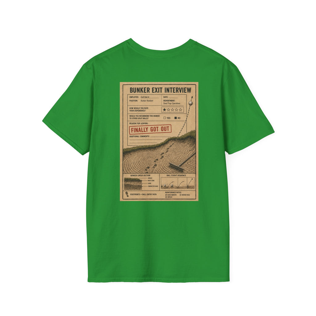 Bunker Exit Interview T-Shirt — Minimal Badge Graphic Tee (16 Colors)