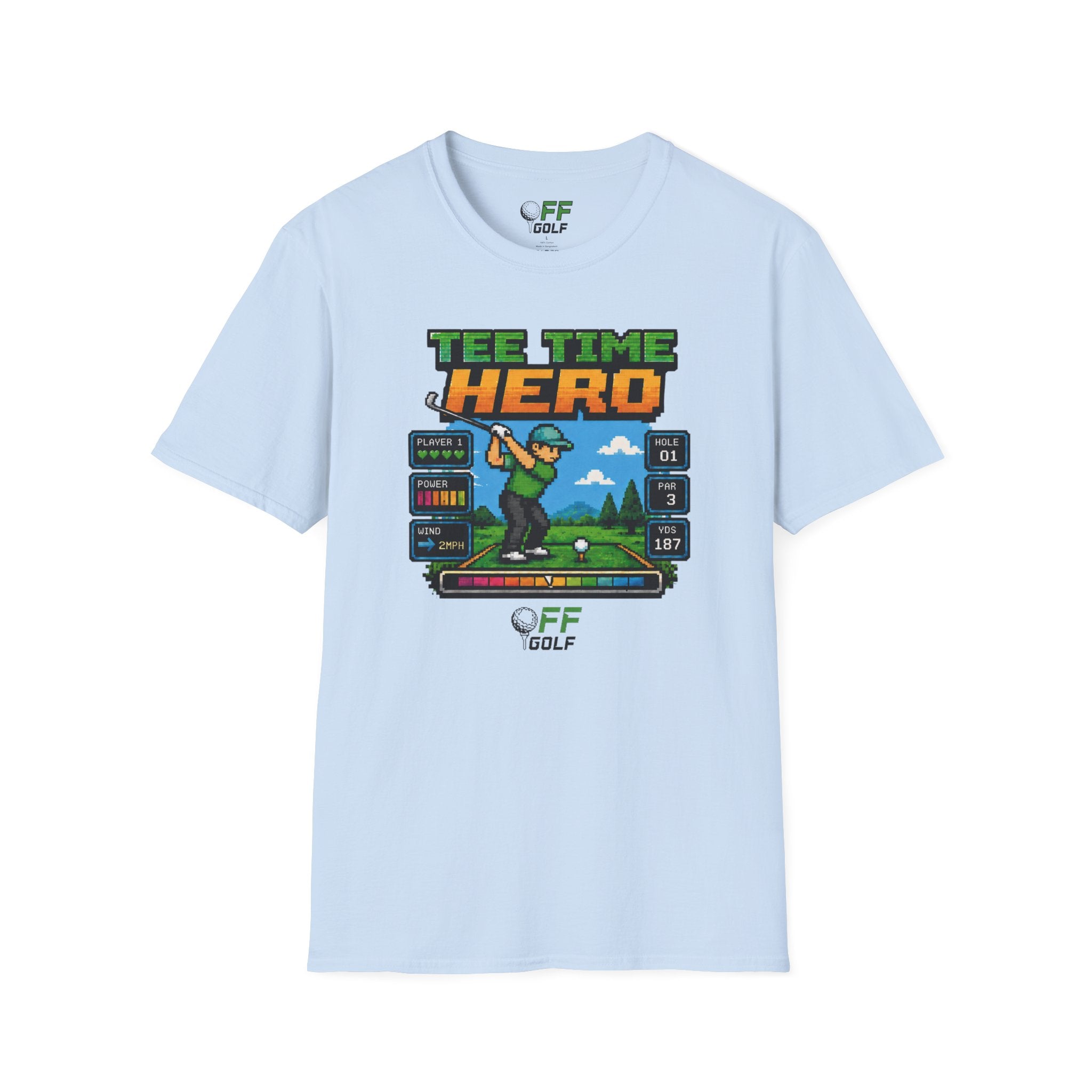 Golf T-Shirt — "Tee Time Hero" Pixel Golfing Tee (16 colors)
