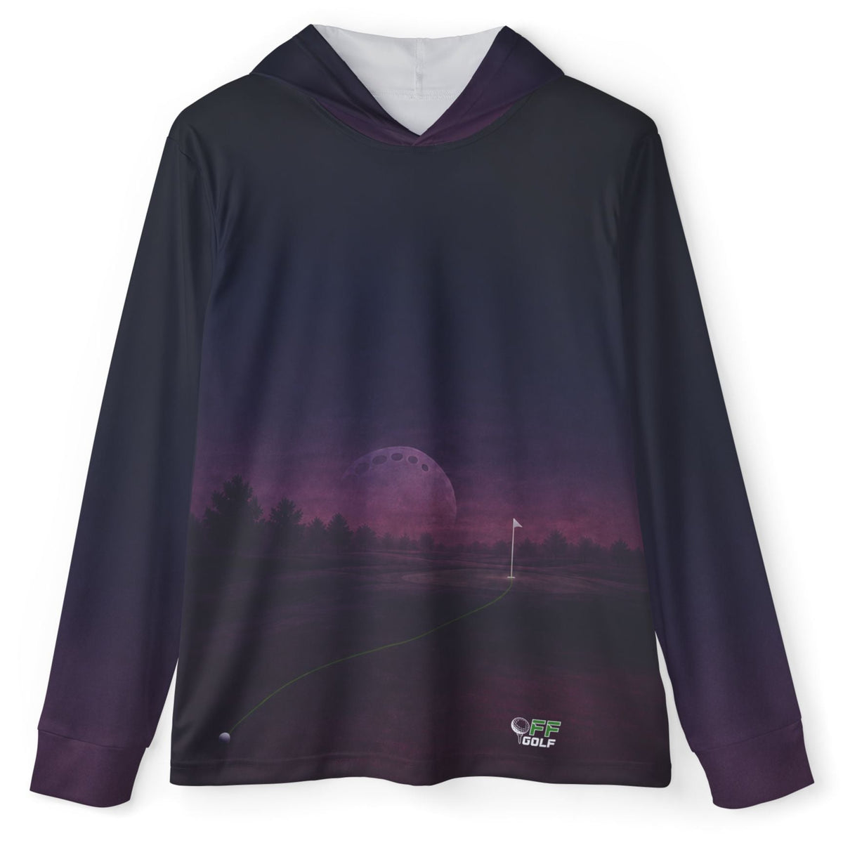 A long-sleeve hooded shirt with a dark purple and black gradient design, featuring a printed golf course sunset scene with a full moon on the front. The sleeves and hood are solid dark purple, and the lower body transitions into the scenic print.