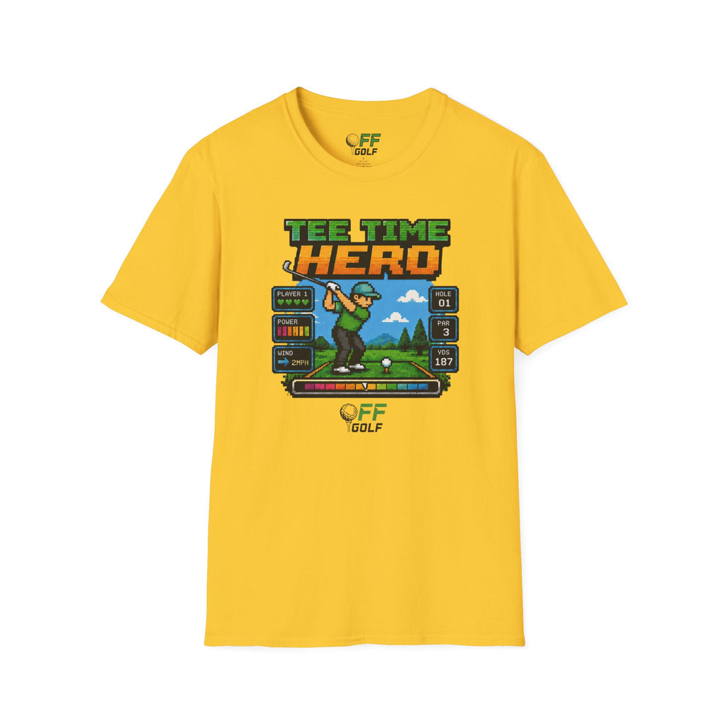 Golf T-Shirt — "Tee Time Hero" Pixel Golfing Tee (16 colors)