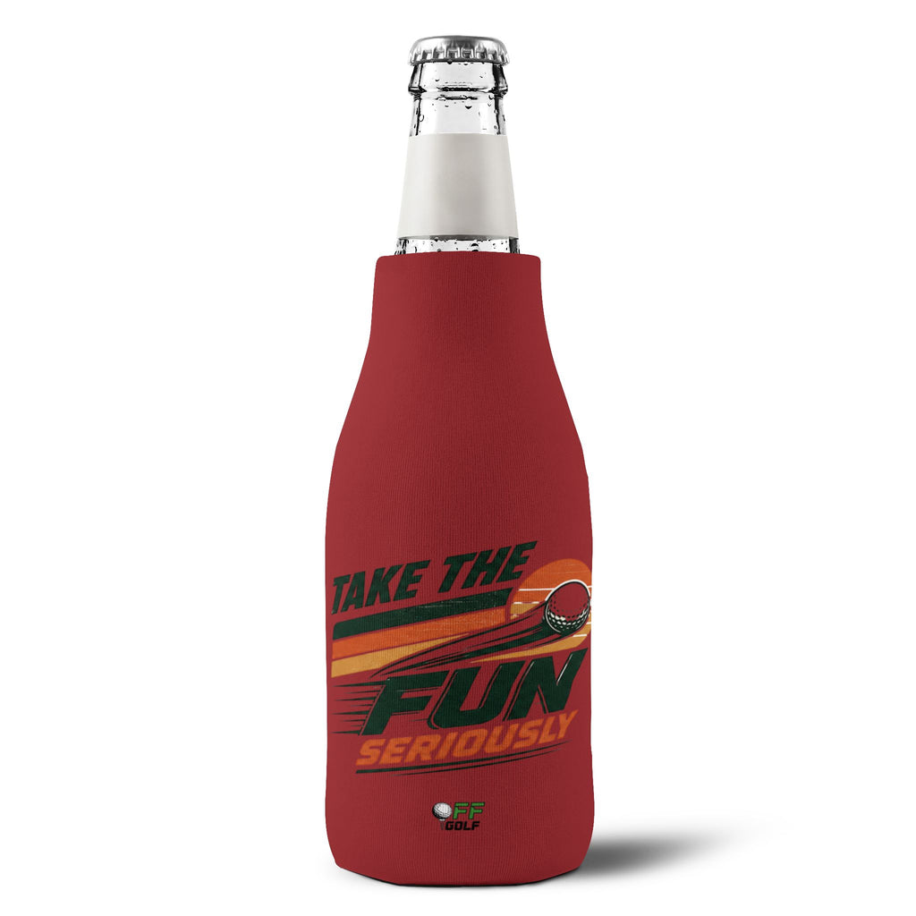 Zip-Up Bottle Cooler Sleeve — "Take the Fun Seriously" Golf Beverage Cooler - Red