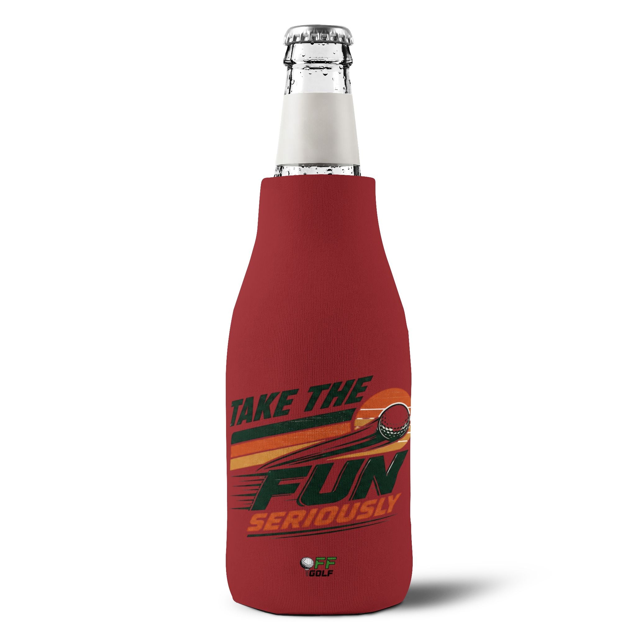 Zip-Up Bottle Cooler Sleeve — "Take the Fun Seriously" Golf Beverage Cooler - Red