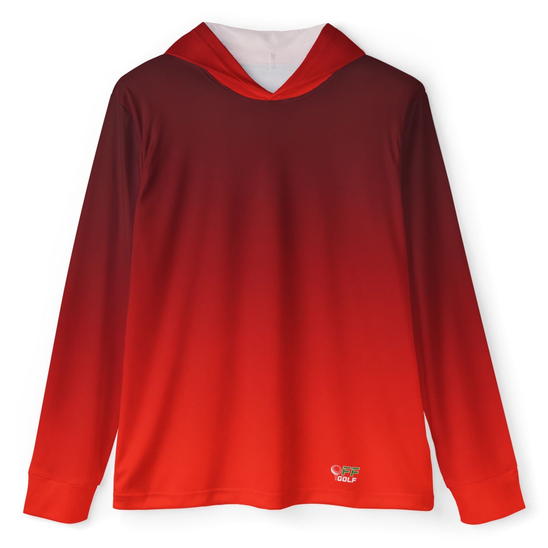 A long-sleeve hooded shirt with a red-to-orange gradient, shown flat against a white background.
