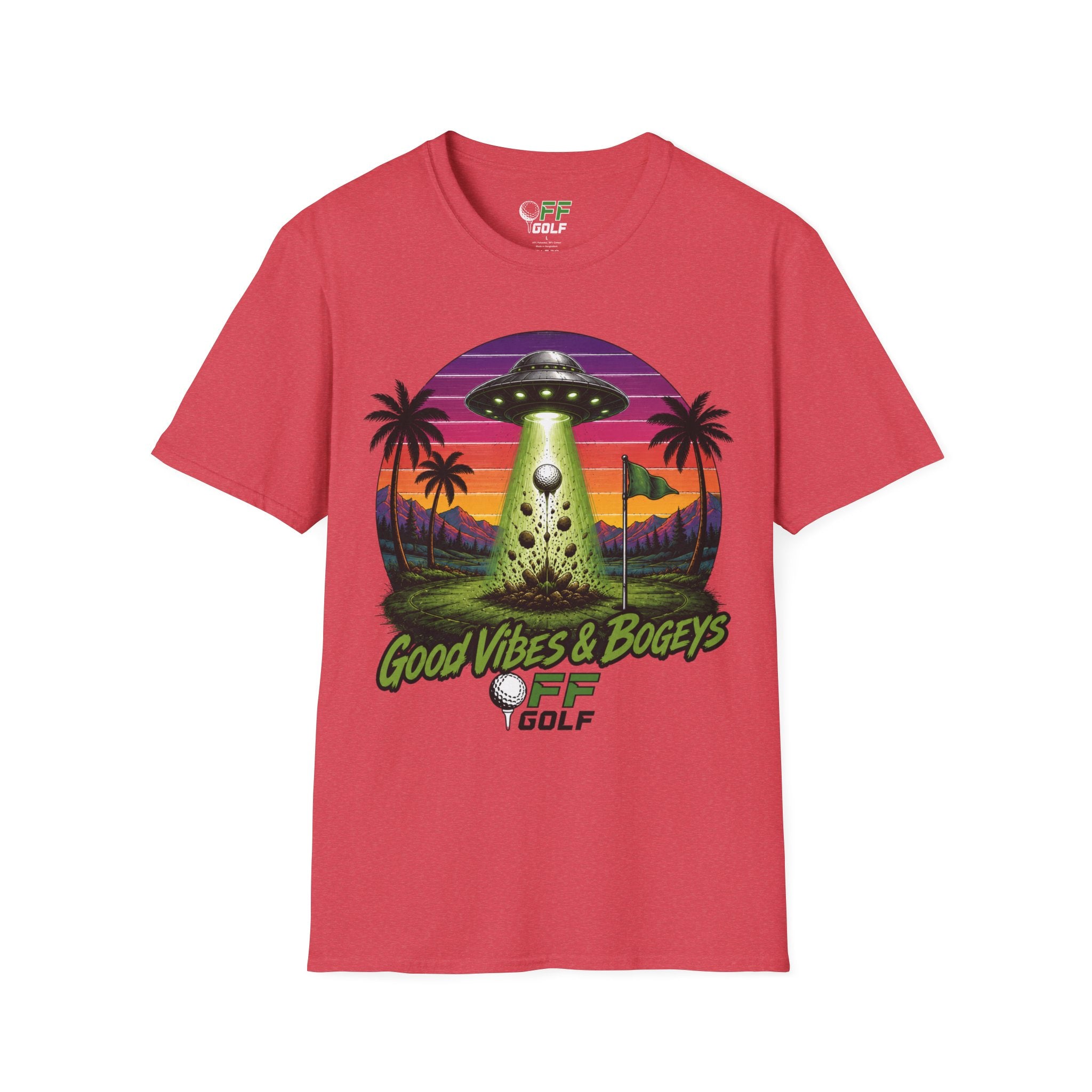 Alien Golf Retro Sunset T-Shirt — "Good Vibes & Bogeys" (16 colors)