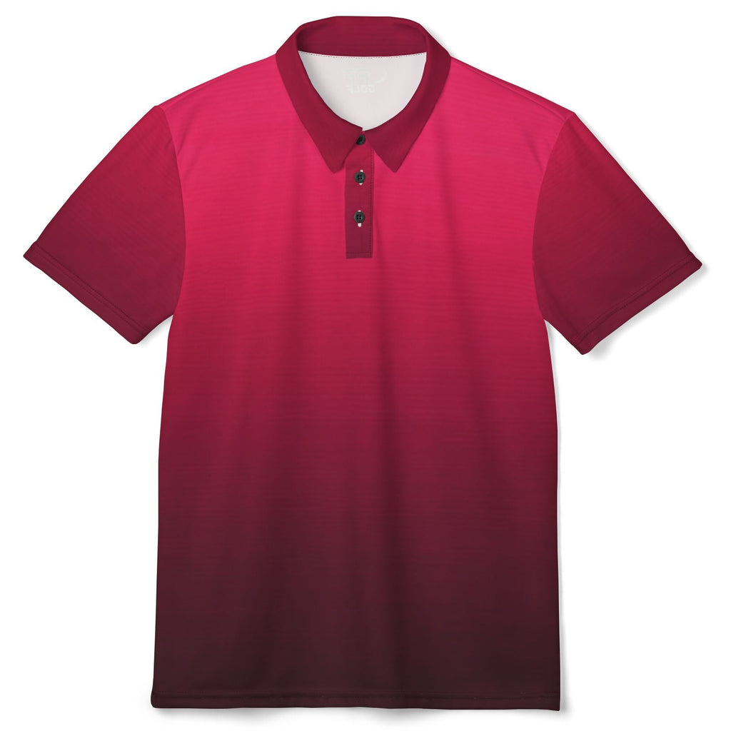 A short-sleeve polo shirt with a vertical color gradient transitioning from bright magenta pink at the collar and upper chest to deep burgundy at the lower hem, shown on a plain white background.