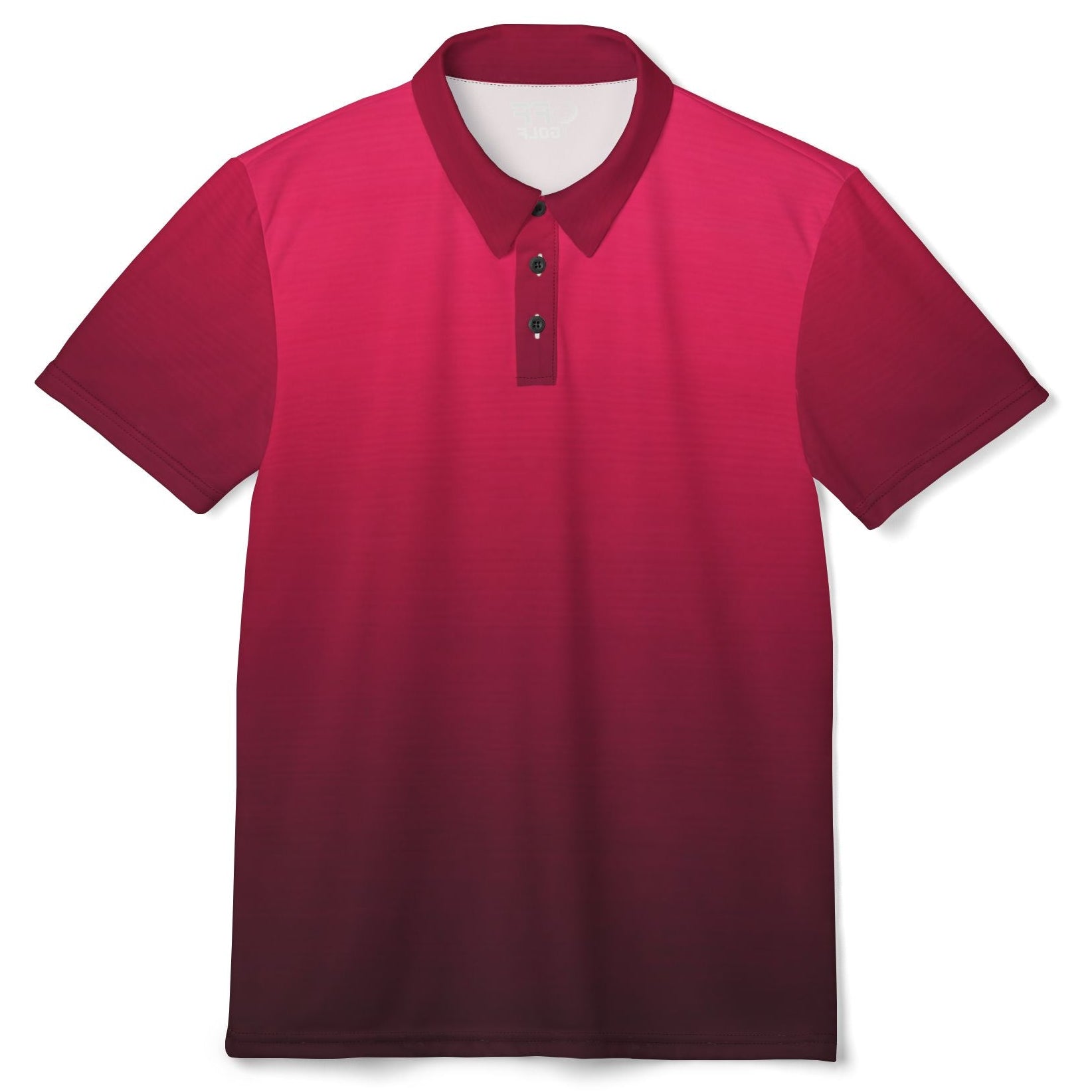 A short-sleeve polo shirt with a vertical color gradient transitioning from bright magenta pink at the collar and upper chest to deep burgundy at the lower hem, shown on a plain white background.