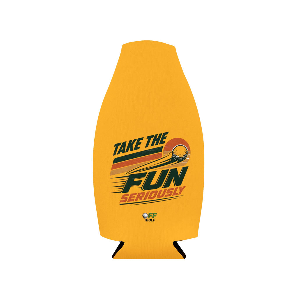 Zip-Up Bottle Cooler Sleeve — "Take the Fun Seriously" Golf Beverage Cooler - Gold