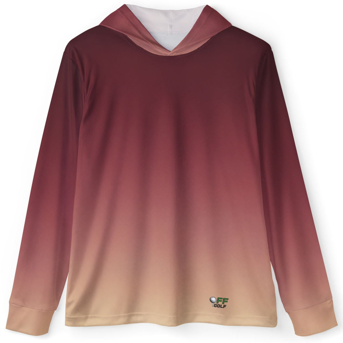 A long-sleeve hooded shirt with a smooth vertical gradient transitioning from deep burgundy at the top to warm beige at the bottom, featuring a small embroidered logo on the lower left hem.