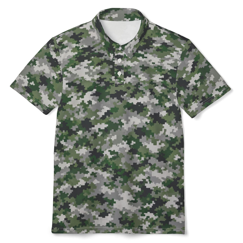 A short-sleeve polo shirt with a green, gray, and black digital camouflage pattern, displayed on a clean white background.