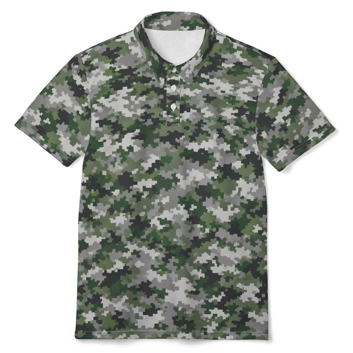 A short-sleeve polo shirt with a green, gray, and black digital camouflage pattern, displayed on a clean white background.